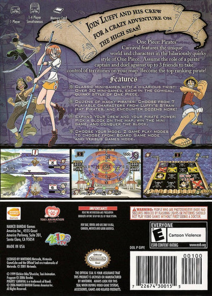 One Piece Pirates Carnival for GameCube featuring party style mini games and characters from the One Piece universe back cover art