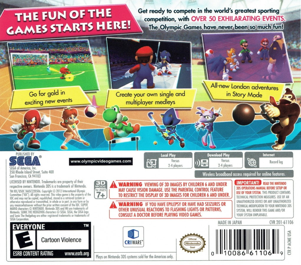 Mario and Sonic at the London 2012 Olympic Games back of case for Nintendo 3DS (3DS) video game