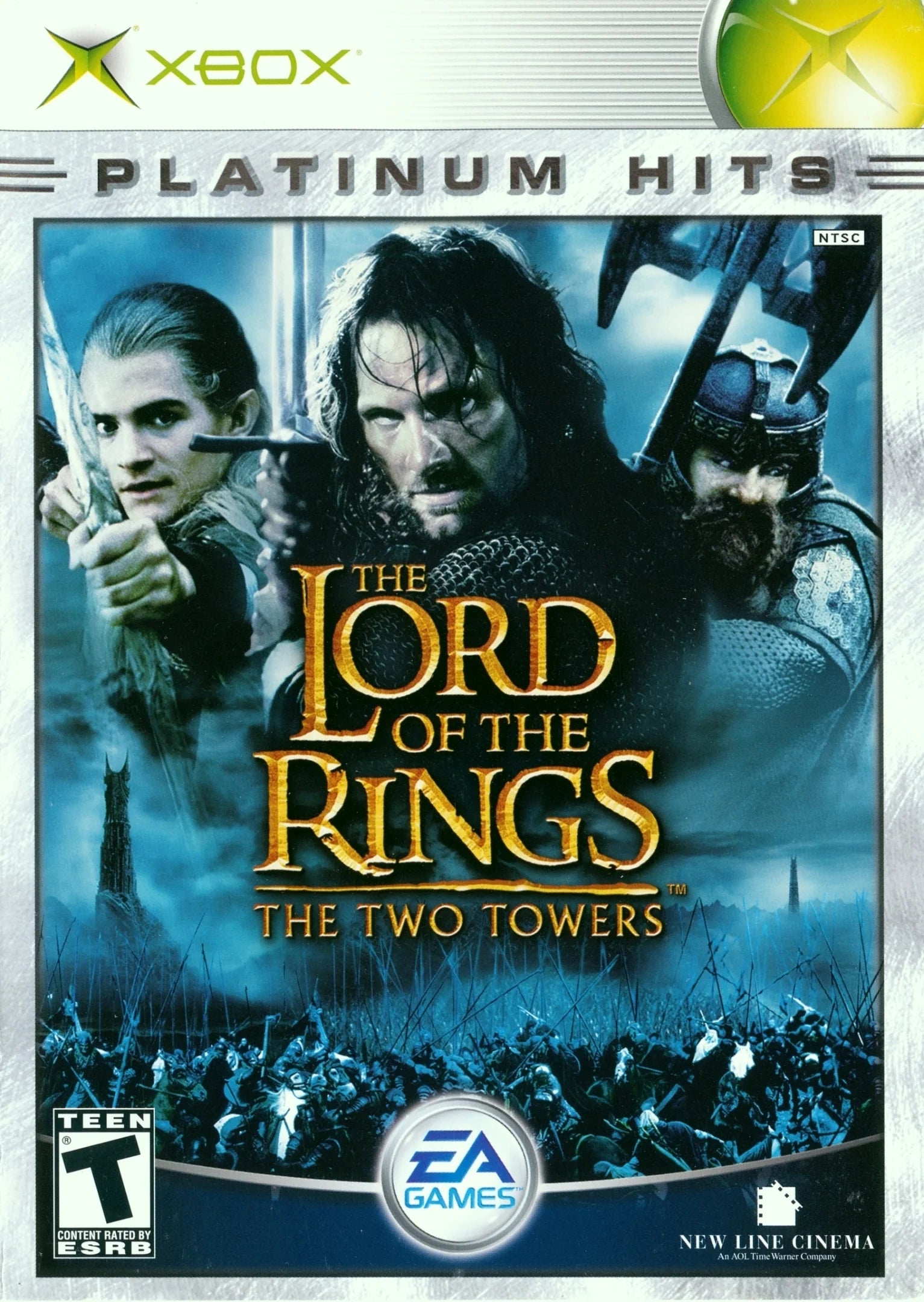 The Lord of the Rings The Two Towers Xbox inspired design featuring epic fantasy action adventure aesthetic Middle Earth warfare heroic battles against the forces of Mordor sword combat iconic fellowship characters cinematic Tolkien inspired gameplay presentation front cover