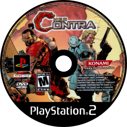 Neo Contra PS2 Sony PlayStation 2 run and gun action shooter Contra series arcade style top down and third person hybrid gameplay fast paced shooting enemy waves Konami co op action sci fi combat retro gaming PlayStation 2 software video game title disc