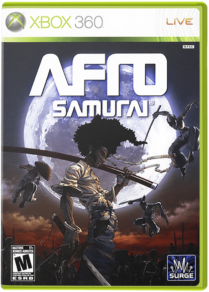 Xbox 360 game cover for 'Afro Samurai' with a character holding a large weapon against a moonlit sky.
