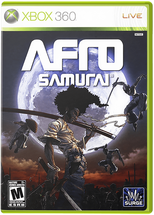 Xbox 360 game cover for 'Afro Samurai' with a character holding a large weapon against a moonlit sky.