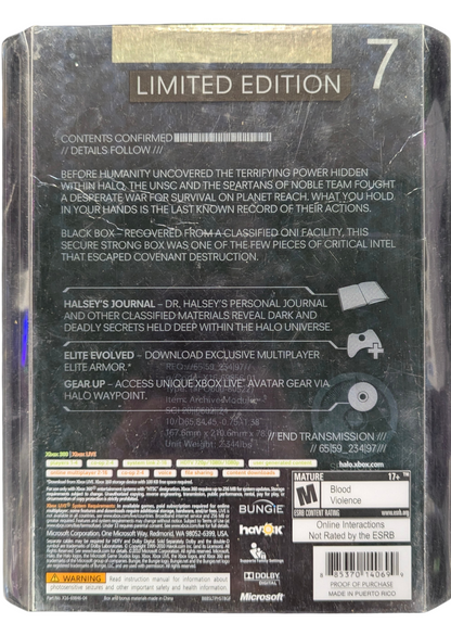 Halo Reach Limited Edition Xbox 360 X360 video game featuring first person shooter gameplay Noble Team Spartan soldiers Covenant alien battles futuristic military combat campaign storyline customizable Spartan armor energy weapons plasma rifles vehicle combat Warthog driving multiplayer matchmaking Firefight survival mode Forge map creation and Limited Edition collectible packaging classic Xbox 360 sci fi shooter action retro video game collection collectible gaming appeal gameplay screenshot back cover