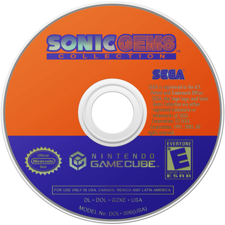 Sonic Gems Collection disc art for GameCube game featuring classic Sonic titles and retro arcade gameplay compilation 