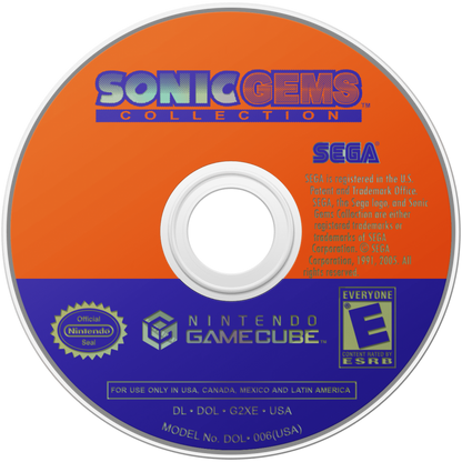 Sonic Gems Collection disc art for GameCube game featuring classic Sonic titles and retro arcade gameplay compilation 