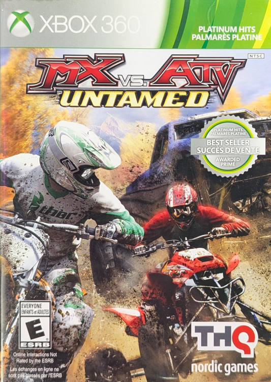 MX vs ATV Untamed Platinum Hits Xbox 360 off-road racing video game X-Cross tournament bringing together eight racing series monster trucks trophy trucks ORV sport vehicles professional riders Ricky Carmichael Chad Reed Rhythm Racing physics engine power slides whips scrubs massive outdoor environments customization online multiplayer competition front cover