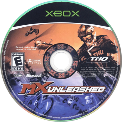 MX Unleashed Xbox off-road motocross racing video game Rainbow Studios THQ massive open environments freestyle tricks career mode nationals supercross events vehicle roster includes bikes ATVs monster trucks buggies golf carts stunt challenges track editor progressive difficulty realistic terrain physics dirt bike customization competitive AI multiple racing disciplines disc