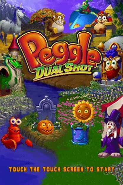 Peggle Dual Shot Nintendo DS puzzle game compilation with whimsical characters and precision shooting gameplay for handheld consoles main menu title screen