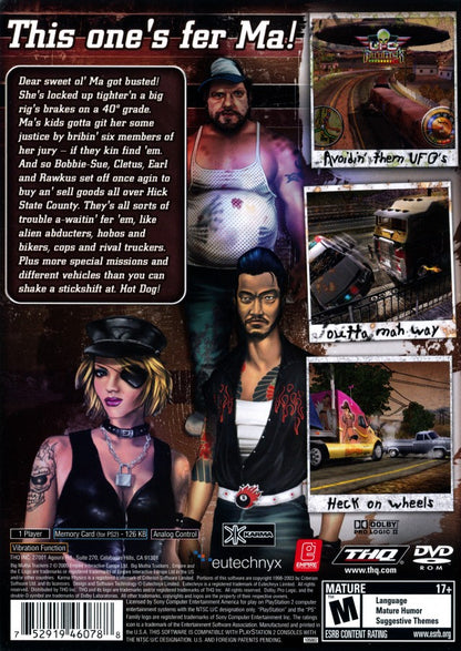 Retro Big Mutha Truckers 2 PS2 inspired design featuring over the top trucking adventure aesthetic vintage PlayStation 2 southern humor chaotic highway races cargo hauling arcade driving gameplay outrageous characters nostalgic road trip action presentation - back of case