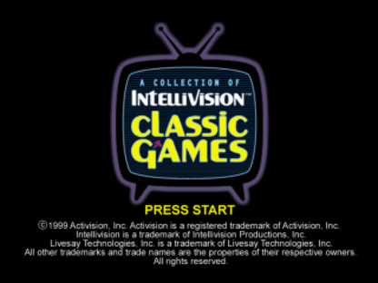 A Collection of Intellivision Classic Games compilation video game for the original Sony PlayStation (PS1), featuring a selection of classic Intellivision games including arcade-style action, sports, racing, shooting, and strategy titles, bringing a variety of retro console gameplay experiences to PlayStation players in one collection title screen