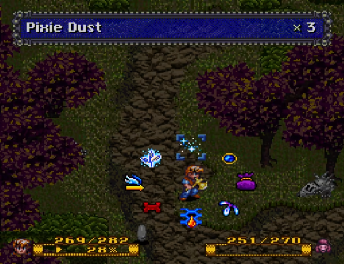 Secret of Evermore Super Nintendo SNES action RPG real time combat fantasy adventure alchemy system puzzle solving exploration Square Soft single player story driven retro 16 bit gaming Super Nintendo Entertainment System software video game title gameplay 