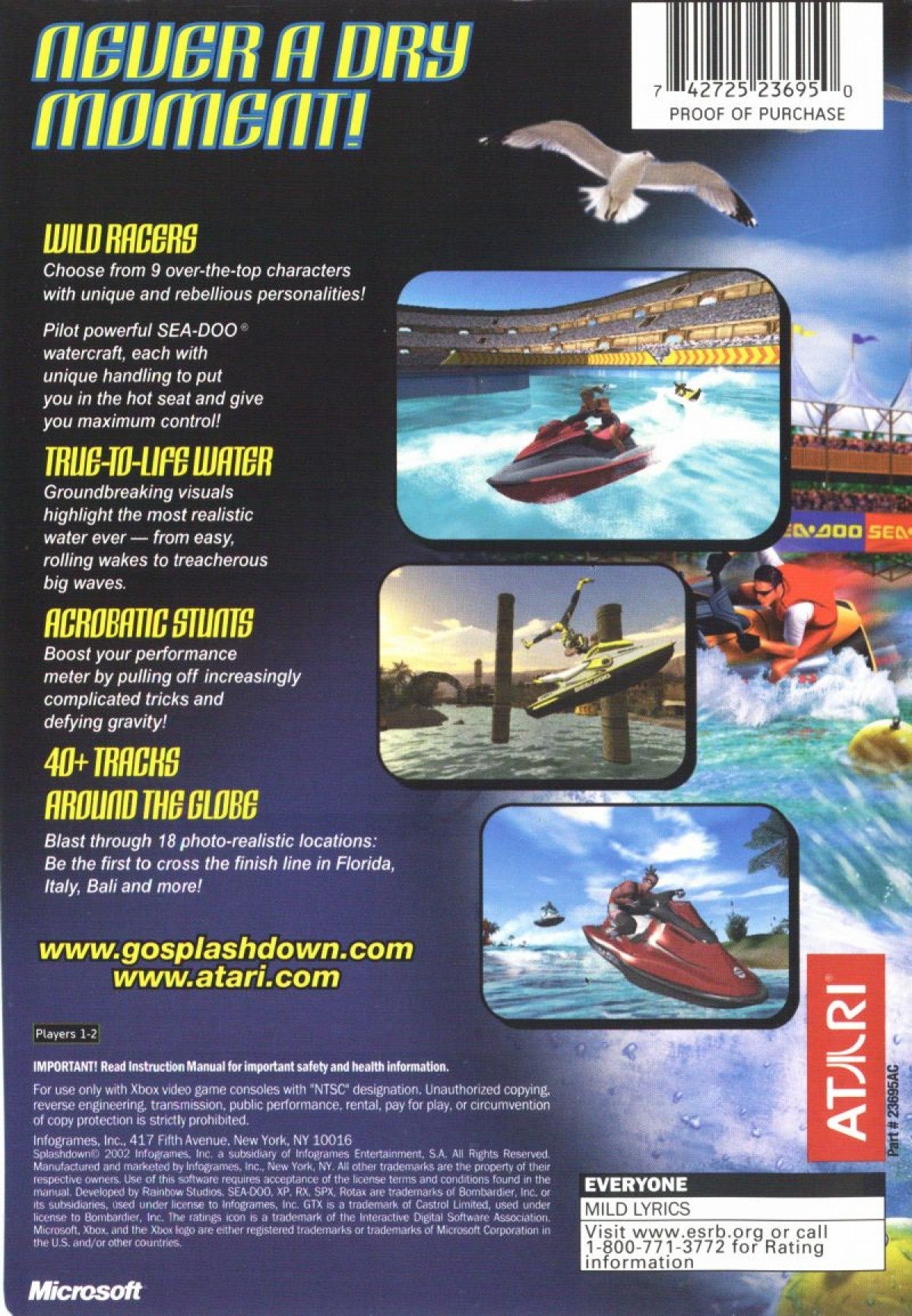 Splashdown Microsoft Xbox Original Xbox video game featuring jet ski racing gameplay high speed watercraft racing challenging courses stunt jumps wave physics competitive races extreme water sports action retro video game collection collectible gaming appeal back cover art