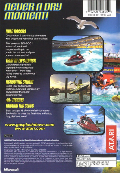 Splashdown Microsoft Xbox Original Xbox video game featuring jet ski racing gameplay high speed watercraft racing challenging courses stunt jumps wave physics competitive races extreme water sports action retro video game collection collectible gaming appeal back cover art