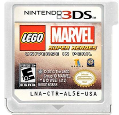 LEGO Marvel Super Heroes Universe in Peril cartridge art for Nintendo 3DS video game, action adventure, superhero gameplay, LEGO-style combat, handheld console title