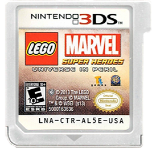 LEGO Marvel Super Heroes Universe in Peril cartridge art for Nintendo 3DS video game, action adventure, superhero gameplay, LEGO-style combat, handheld console title