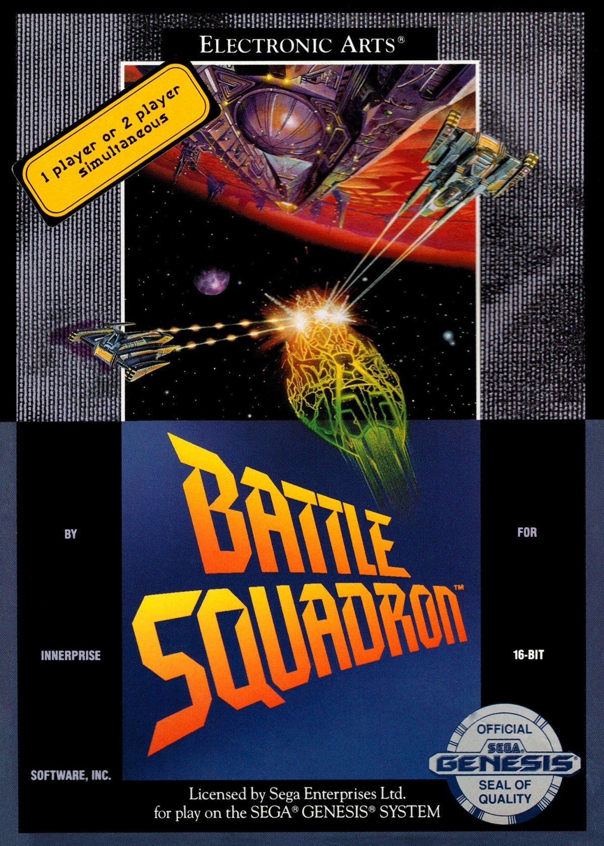 Battle Squadron Sega Genesis GEN for shoot em up video game fans featuring intense space combat enemy spacecraft waves power ups weapon upgrades challenging stages boss battles fast paced arcade action and classic Sega Genesis gameplay collectible retro gaming appeal front cover art