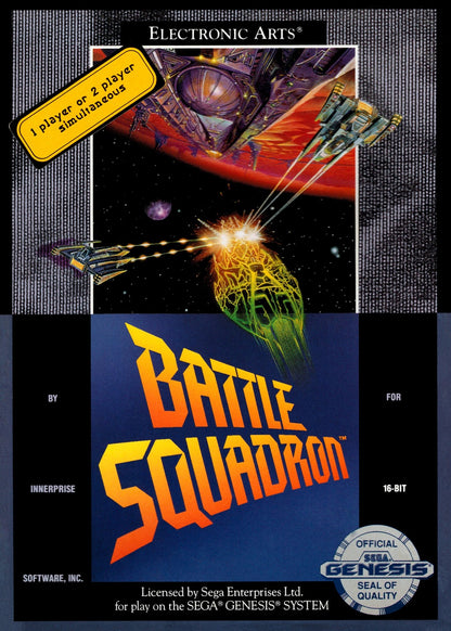 Battle Squadron Sega Genesis GEN for shoot em up video game fans featuring intense space combat enemy spacecraft waves power ups weapon upgrades challenging stages boss battles fast paced arcade action and classic Sega Genesis gameplay collectible retro gaming appeal front cover art