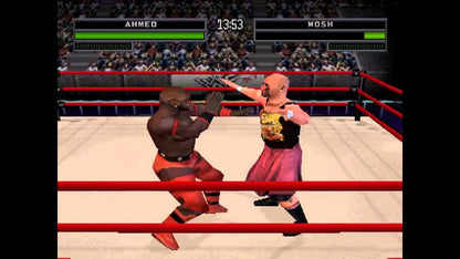 WWF War Zone game for the PlayStation featuring professional wrestling gameplay with a roster of WWF superstars create a wrestler mode multiple match types and arcade style combat based on late 90s wrestling entertainment gameplay