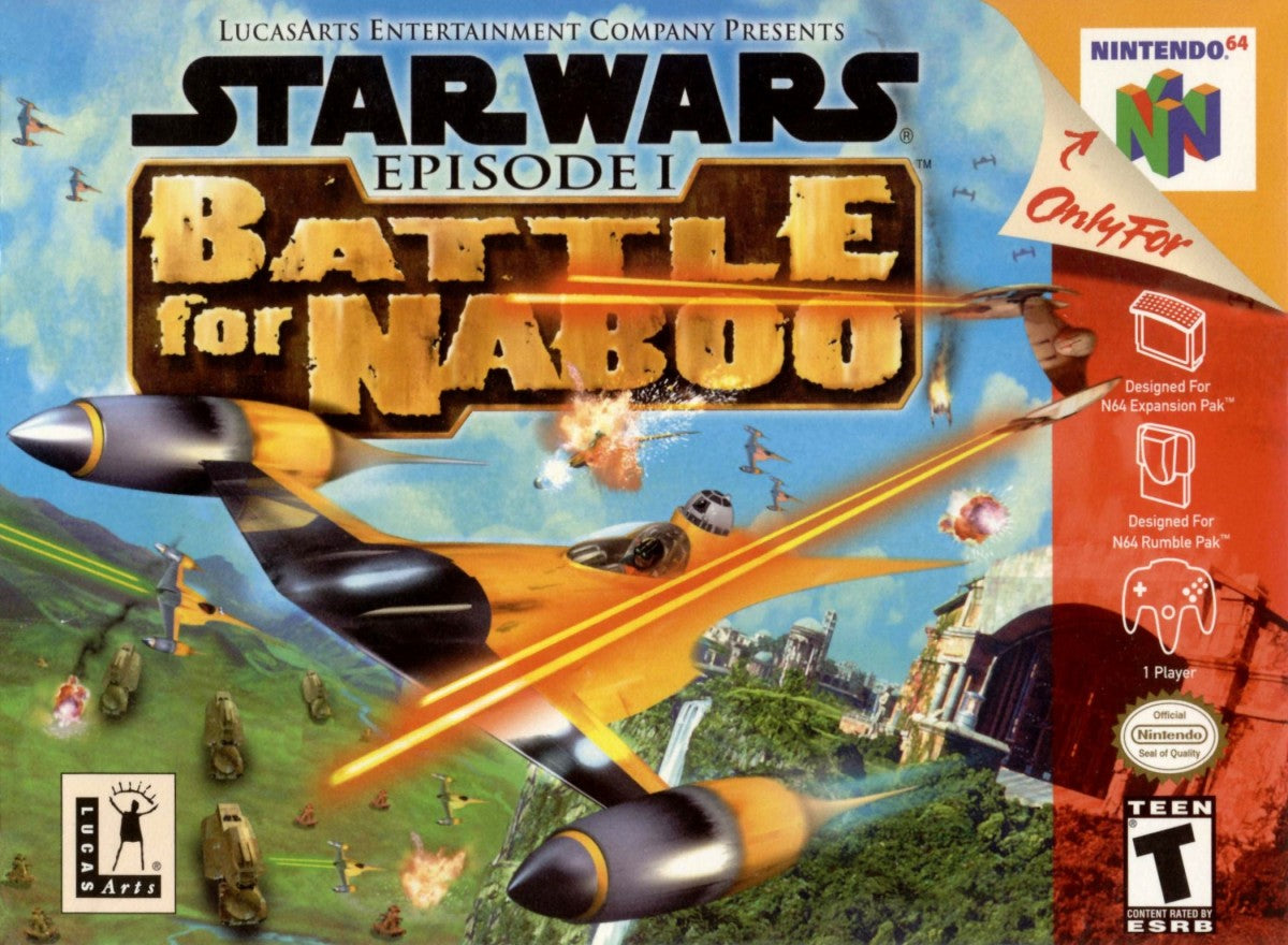 Star Wars Battle for Naboo Nintendo 64 N64 for retro video game enthusiasts featuring action flight combat gameplay iconic Star Wars missions vehicle based battles cinematic space and planetary combat multiplayer action and collectible gaming appeal front cover 