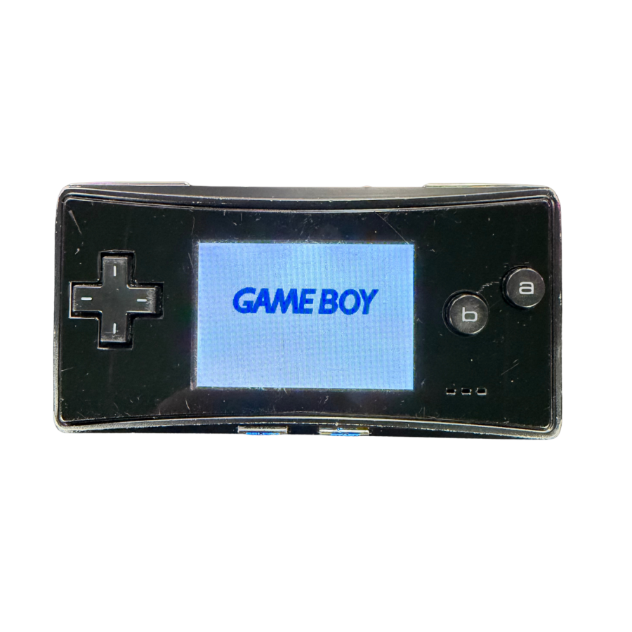 Black Nintendo Game Boy Micro System GB Micro handheld console featuring compact portable design sleek black finish built in controls bright display rechargeable battery and compatibility with Game Boy Advance GBA games collectible Nintendo handheld gaming appeal