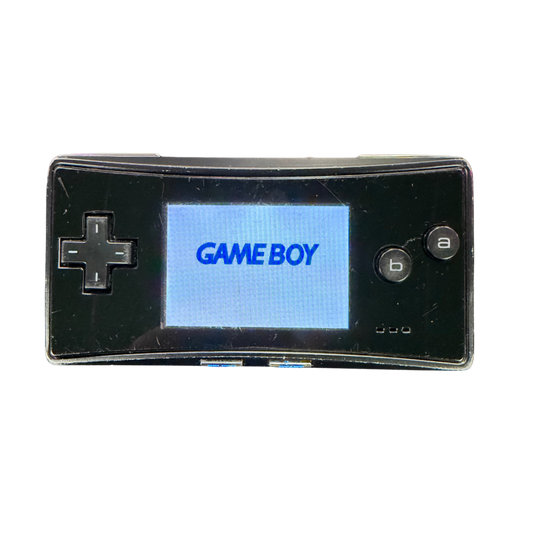Black Nintendo Game Boy Micro System GB Micro handheld console featuring compact portable design sleek black finish built in controls bright display rechargeable battery and compatibility with Game Boy Advance GBA games collectible Nintendo handheld gaming appeal