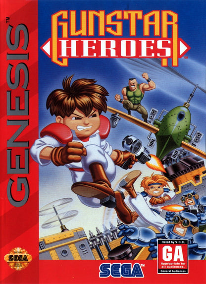 Gunstar Heroes Sega Genesis GEN for retro video game enthusiasts featuring side scrolling run and gun gameplay fast paced cooperative action explosive boss battles unique weapon combinations vibrant 16 bit visuals and collectible gaming appeal front art 