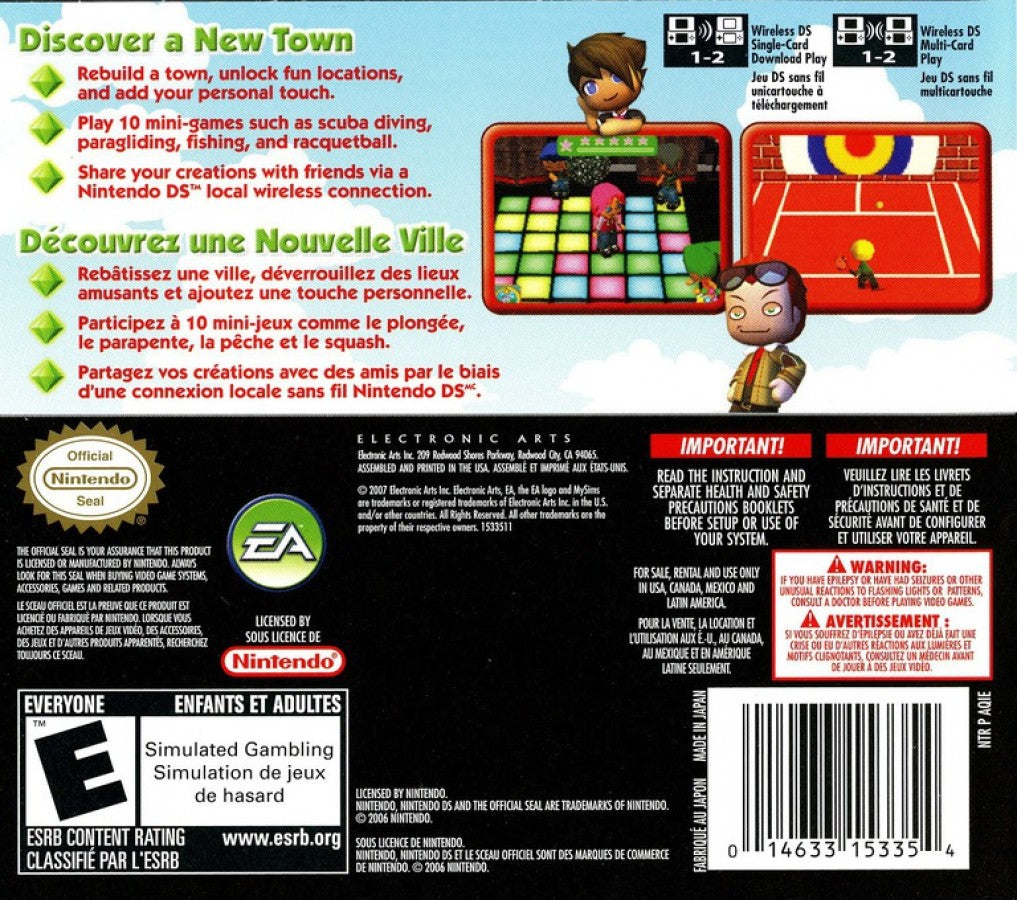 MySims back of case for Nintendo DS (DS) life simulation video game