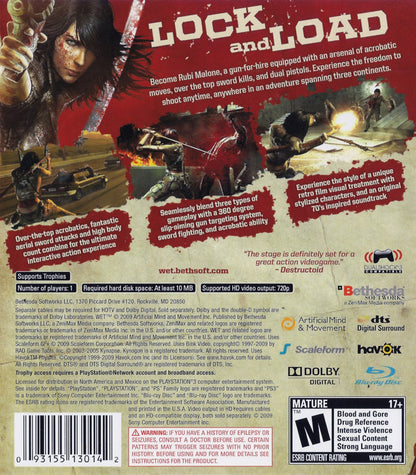 WET for PlayStation 3 action shooter game featuring acrobatic gunplay slow motion combat stylized grindhouse presentation and cinematic missions back cover