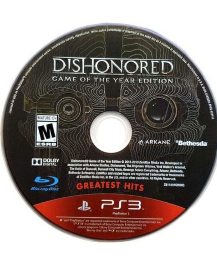 Dishonored Game of the Year Greatest Hits PlayStation 3 PS3 for retro video game enthusiasts featuring first person stealth action gameplay supernatural powers immersive assassination missions branching choices open ended level design steampunk inspired world and collectible gaming appeal disc