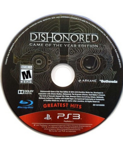 Dishonored Game of the Year Greatest Hits PlayStation 3 PS3 for retro video game enthusiasts featuring first person stealth action gameplay supernatural powers immersive assassination missions branching choices open ended level design steampunk inspired world and collectible gaming appeal disc