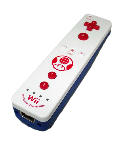 Toad Edition Motion Plus Wii Remote featuring character themed design, motion control gameplay, and Nintendo Wii compatibility angle