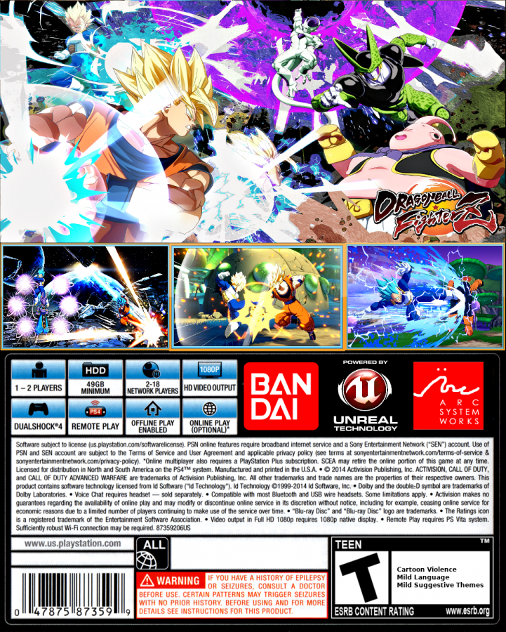 Dragon Ball FighterZ Day One Edition retro PlayStation 4 video game Dragon Ball anime fighting game fast paced combat multiplayer battles arcade style gameplay console title PlayStation 4 release back of case