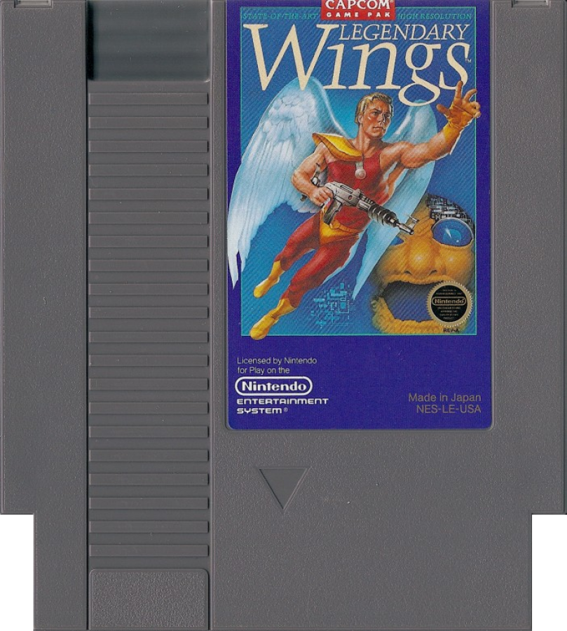 Legendary Wings Nintendo Entertainment System NES video game featuring side scrolling shoot em up gameplay winged hero action aerial combat enemy waves power ups boss battles fantasy environments and classic 8 bit arcade action retro video game collection collectible gaming appeal game cartridge