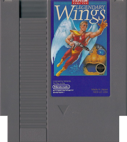 Legendary Wings Nintendo Entertainment System NES video game featuring side scrolling shoot em up gameplay winged hero action aerial combat enemy waves power ups boss battles fantasy environments and classic 8 bit arcade action retro video game collection collectible gaming appeal game cartridge