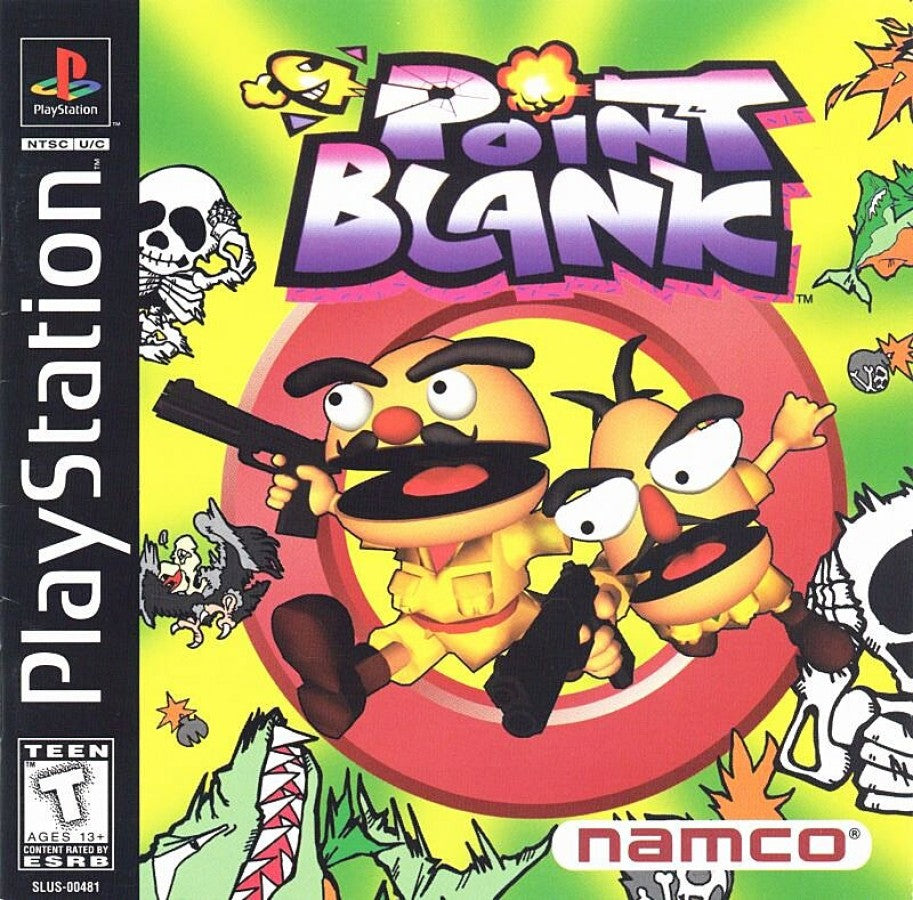 Point Blank PS1 PlayStation 1 light gun shooter arcade mini games target shooting fast reflex gameplay retro video game cover art
