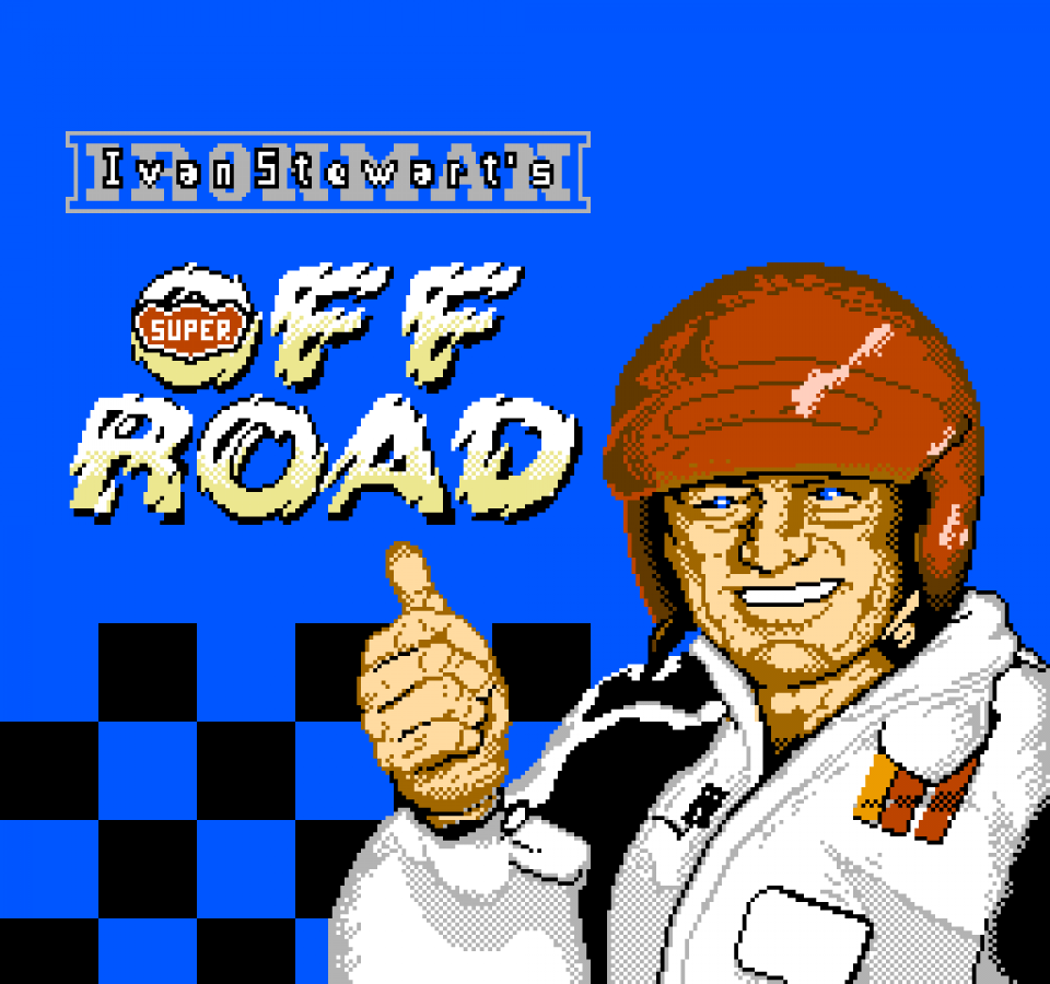 Super Off Road retro NES video game Super Off Road arcade racing off road trucks multiplayer competitive gameplay classic racing action console title Nintendo Entertainment System release title screen