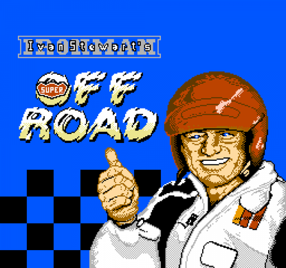 Super Off Road retro NES video game Super Off Road arcade racing off road trucks multiplayer competitive gameplay classic racing action console title Nintendo Entertainment System release title screen