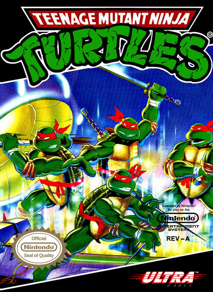 Teenage Mutant Ninja Turtles cartridge for the Nintendo Entertainment System featuring retro 8 bit side scrolling action as Leonardo Donatello Michelangelo and Raphael battle Shredder and the Foot Clan across New York City front cover
