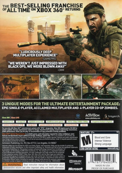 Call of Duty: Black Ops back cover art for Xbox 360 (X360) first-person shooter video game