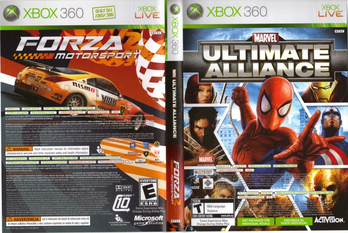 Marvel Ultimate Alliance and Forza Motorsport 2 Combo Pack for Xbox 360 featuring two full games with cooperative superhero action RPG gameplay alongside realistic racing simulation delivering diverse action packed gaming experiences in one bundle cover art