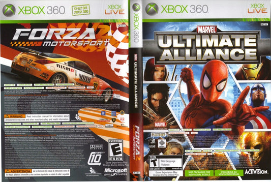 Marvel Ultimate Alliance and Forza Motorsport 2 Combo Pack for Xbox 360 featuring two full games with cooperative superhero action RPG gameplay alongside realistic racing simulation delivering diverse action packed gaming experiences in one bundle cover art
