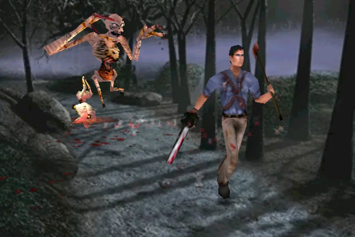 Evil Dead Hail to the King PlayStation 1 PS1 for retro video game enthusiasts featuring survival horror gameplay zombie and undead combat cinematic action adventure puzzle solving spooky environments cult horror atmosphere and collectible gaming appeal gameplay  