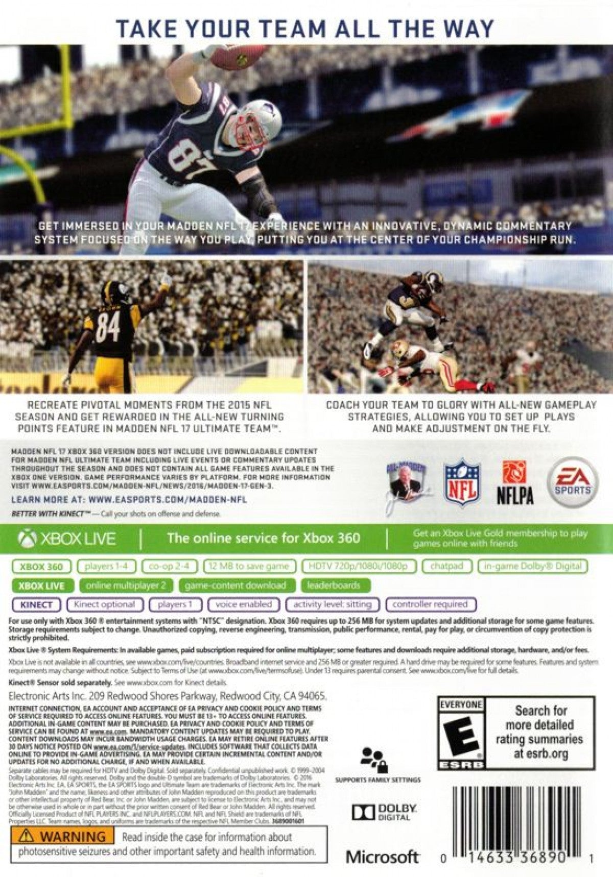 Madden NFL 17 Xbox 360 X360 video game featuring American football sports simulation gameplay NFL teams and players passing plays rushing attacks defensive strategies touchdown scoring quarterback controls play calling franchise mode season competition multiplayer matches realistic football action and classic Xbox 360 sports gaming retro video game collection collectible gaming appeal cover art