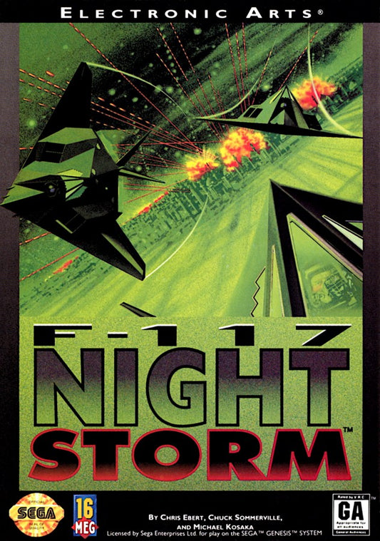 F-117 Night Storm Sega Genesis GEN for retro video game enthusiasts featuring military flight simulation gameplay stealth bomber missions realistic aerial combat strategic targeting cockpit action challenging objectives and collectible gaming appeal front cover