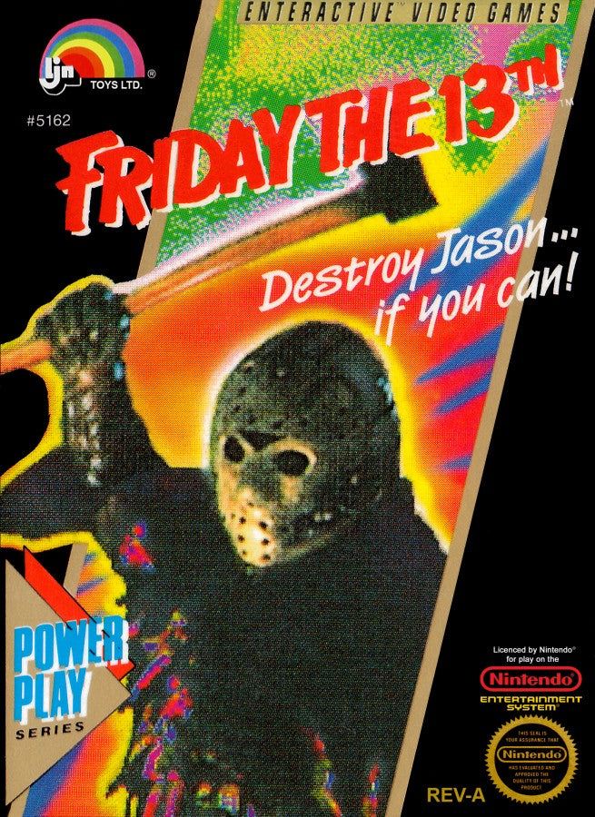 Friday the 13th cartridge for the Nintendo Entertainment System featuring 8 bit survival horror action with camp counselors battling Jason across Camp Crystal Lake with exploration and item based gameplay front cover
