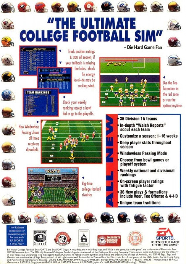 Bill Walsh College Football back cover art for Sega Genesis (GEN) video game