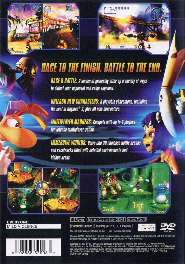 Rayman Arena – PlayStation 2 (PS2) video game back of case, party platformer battle game.