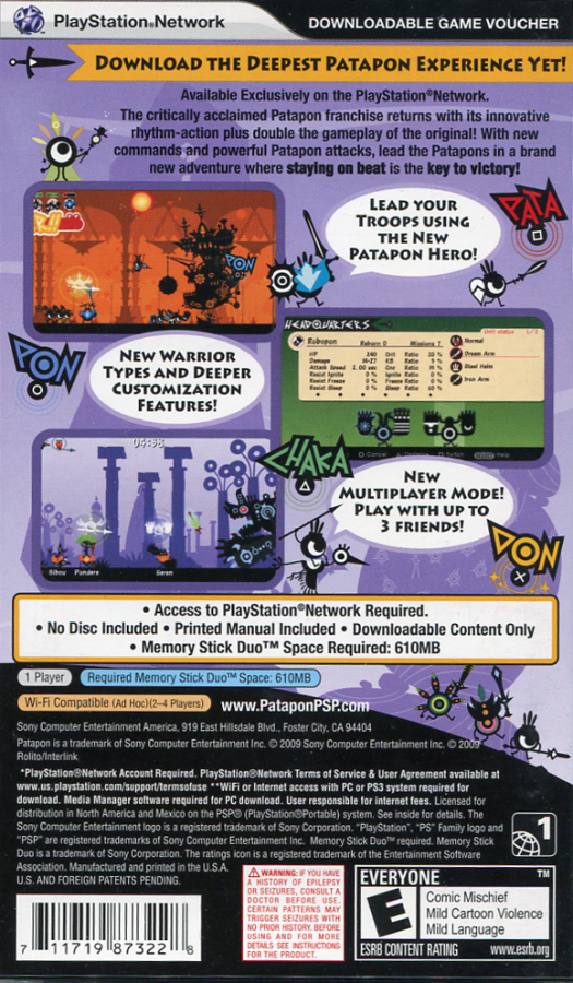 Patapon 2 back of case for PlayStation Portable (PSP) rhythm-based action game
