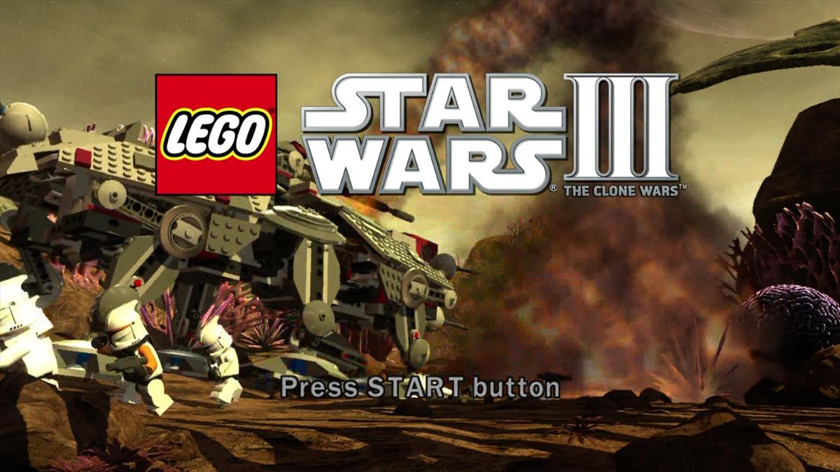 LEGO Star Wars III: The Clone Wars title screen for PlayStation 3 (PS3) adventure sci-fi video game. 