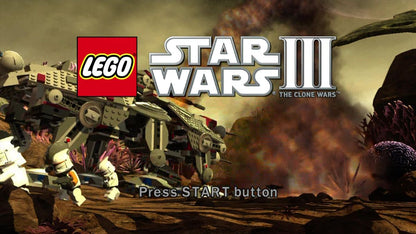 LEGO Star Wars III: The Clone Wars title screen for PlayStation 3 (PS3) adventure sci-fi video game. 